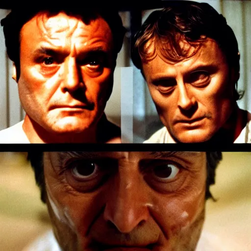 Image similar to Columbo vs Hannibal Lecter, cinematic, faces in focus, symmetrical faces!!!, round symmetrical eyes!!!, kodak 2383 film