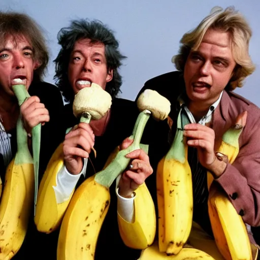 Image similar to bob geldof boomtown rats holding banana microphone, with banana costumed background singers, concert photo, getty images,