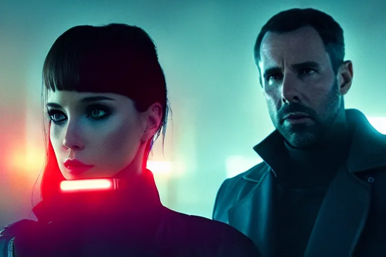 Image similar to film still of closeup diverse futuristic detective partners couple in blade runner 2 0 4 9, cinematic, moody, gritty neon noir by emmanuel lubezki