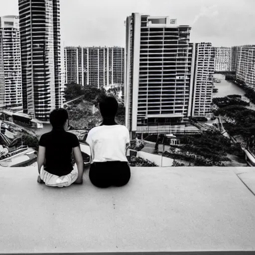 Image similar to photo of two singaporean students sitting on the roof of a hdb flat, black and white, award winning, composition