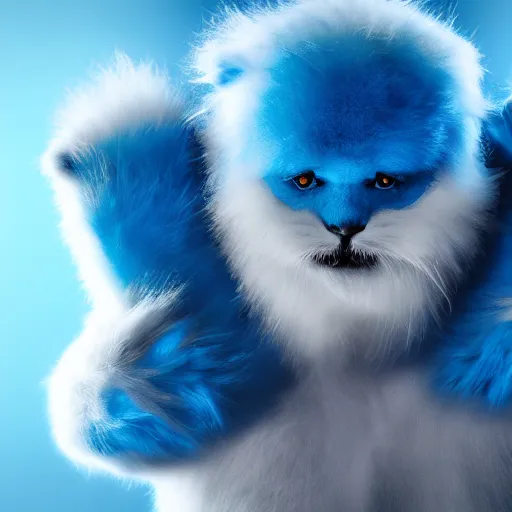 Image similar to A white furry monster with blue arms, photo, cinematic, blue lighting