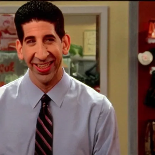 Prompt: Ross Geller as The American Psycho sweating as he looks at you in psychopathic disbelief after you tell him you ate his turkey sandwich with the moist-maker