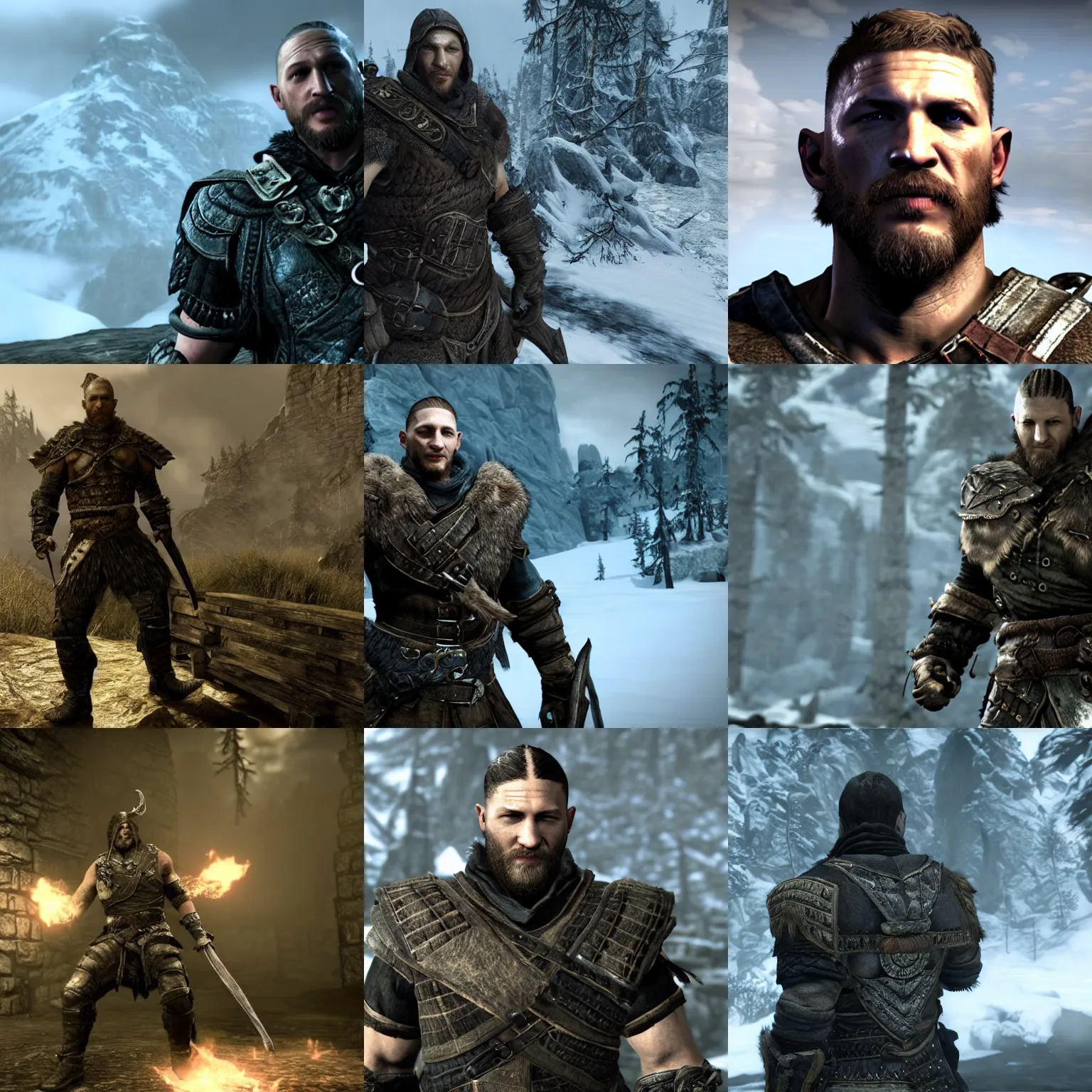 Prompt: screenshot of tom hardy in skyrim, unreal engine, elder scrolls