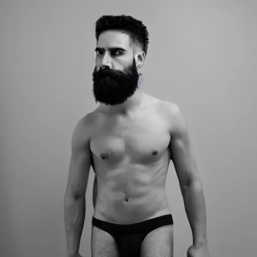 Prompt: young man square jawline, black and white, ultra strong, short boxed beard, without shirt and pants, only underwear