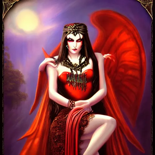 Image similar to professional portrait photography, evil godess, by anne stokes