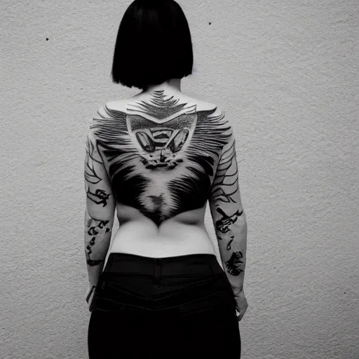 Prompt: photography of the back of a woman with a black detailed irezumi tatto representing a cute caracal on her entire back, dark hangar background, mid-shot, editorial photography