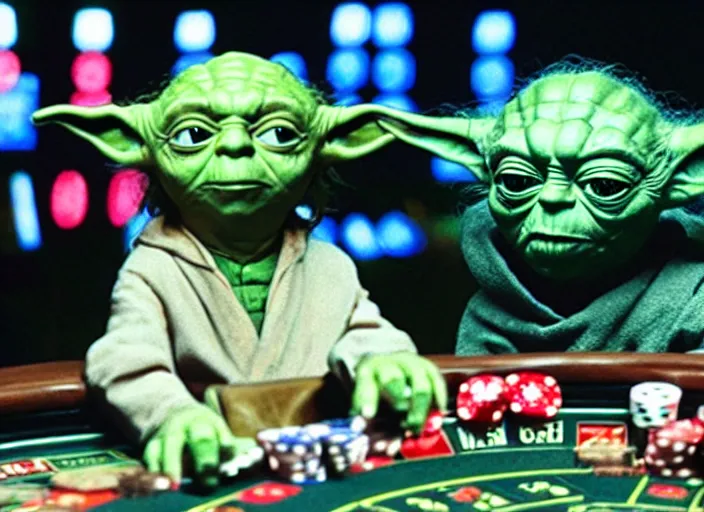 Image similar to film still of yoda gambling in Vegas in the new Star Wars movie, 4k