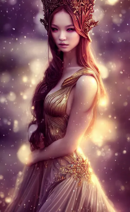 Image similar to a fantasy photo of gorgeous russian female, evening gown, bokeh, medium shot, beautiful face, professionally retouched, soft lighting, realistic, smooth face, perfect eyes, sharp focus, 8 k realistic high definition, insanely detailed, intricate, elegant, art by artgerm and kyoung hwan kim