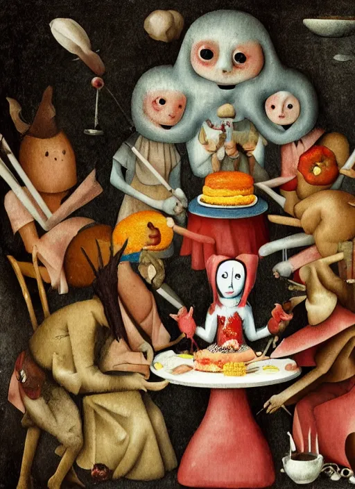 Image similar to fnafs eating cakes painted by hieronymous bosch, detailed digital art, trending on Artstation