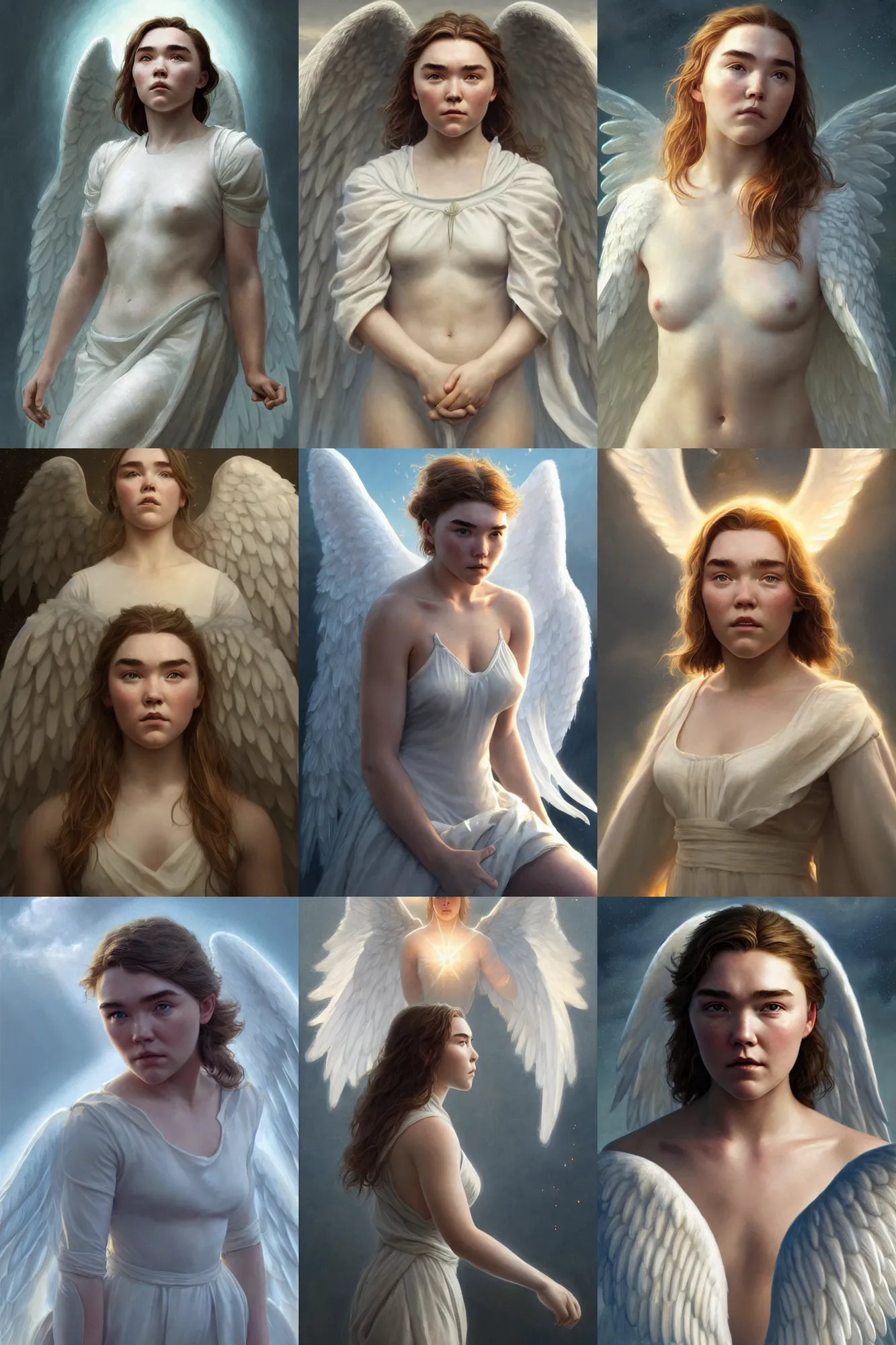 Prompt: florence pugh as a heavenly angel, anatomy, bathed in light, highly detailed, photorealistic, artstation, smooth, sharp focus, illustration, unreal engine 5, 8 k, art by artgerm and greg rutkowski and edgar maxence