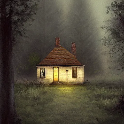 Prompt: a painting of a cottage in the middle of the woods, eerie thriller aesthetic!, detailed digital art, trending on artstation