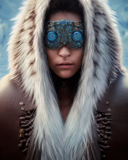 Prompt: female bounty hunter, close up, beautiful, symmetrical face, highly detailed eyes, detailed blue long hair, brown leather cloak, feathers in hair, by greg rutkowski, wlop, cinematic lighting, intricate, blender, unreal engine 5, extremely detailed, masterpiece, pixiv, ray tracing