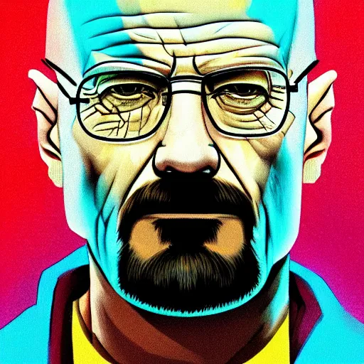 Image similar to high quality, walter white, portrait, cyberpunk colors, neotrad