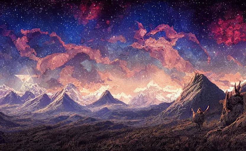 Prompt: mountains, stars and paisley filled sky, artstation, intricate, highly detailed, digital painting, concept art, sharp focus, illustration by Michael Whelan and Yoshitaka Amano