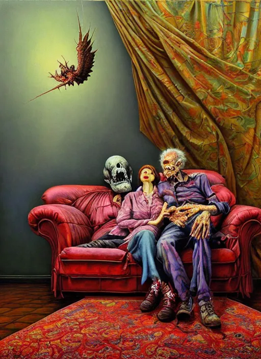 Prompt: realistic detailed image of an old dead couple sitting on a couch in an old soviet apartment and looking at the scared enlightened boy flying up in sky by Ayami Kojima, Amano, Karol Bak, Greg Hildebrandt, and Mark Brooks, Neo-Gothic, gothic, rich deep colors. Beksinski painting, part by Adrian Ghenie and Gerhard Richter. art by Takato Yamamoto. masterpiece