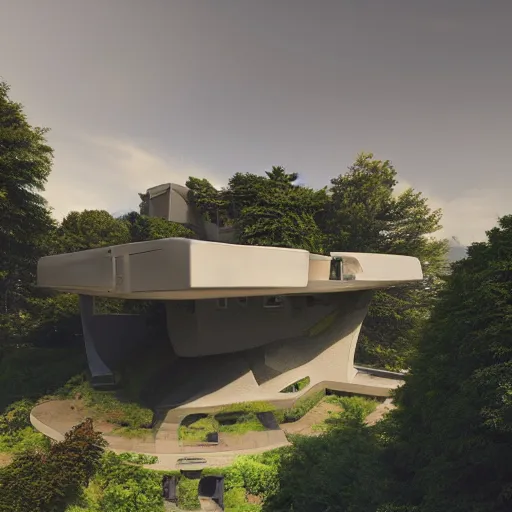 Prompt: futuristic rectangular beige house with courtyard, on a hill surrounded by big trees, dramatic lighting, artstation, matte painting, raphael lacoste, simon stalenhag, frank lloyd wright, zaha hadid, drone view