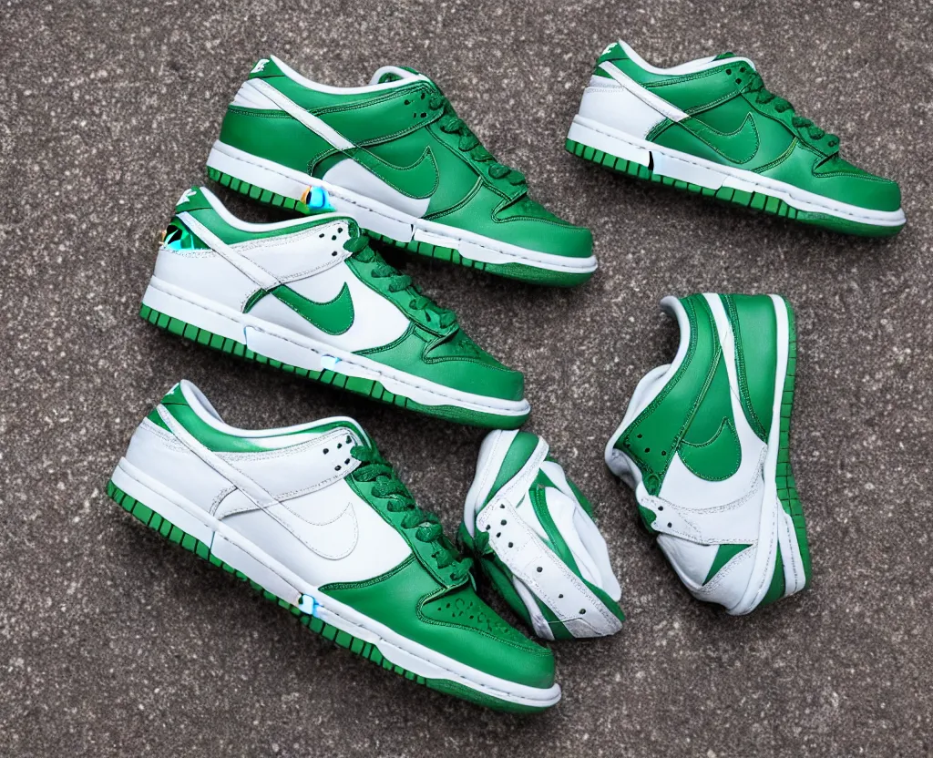 Prompt: a press photograph of nike dunk low pine green and white, size 1 0, white background