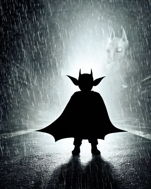 Image similar to epic closeup cinematic still of baby yoda as batman wearing batman costume with batmask and batcape as batman in atmospheric rainy alleyway in the style of batman the dark knight rises, 8 k backlit, rim lighting, dramatic moonlight lighting, beautiful composition