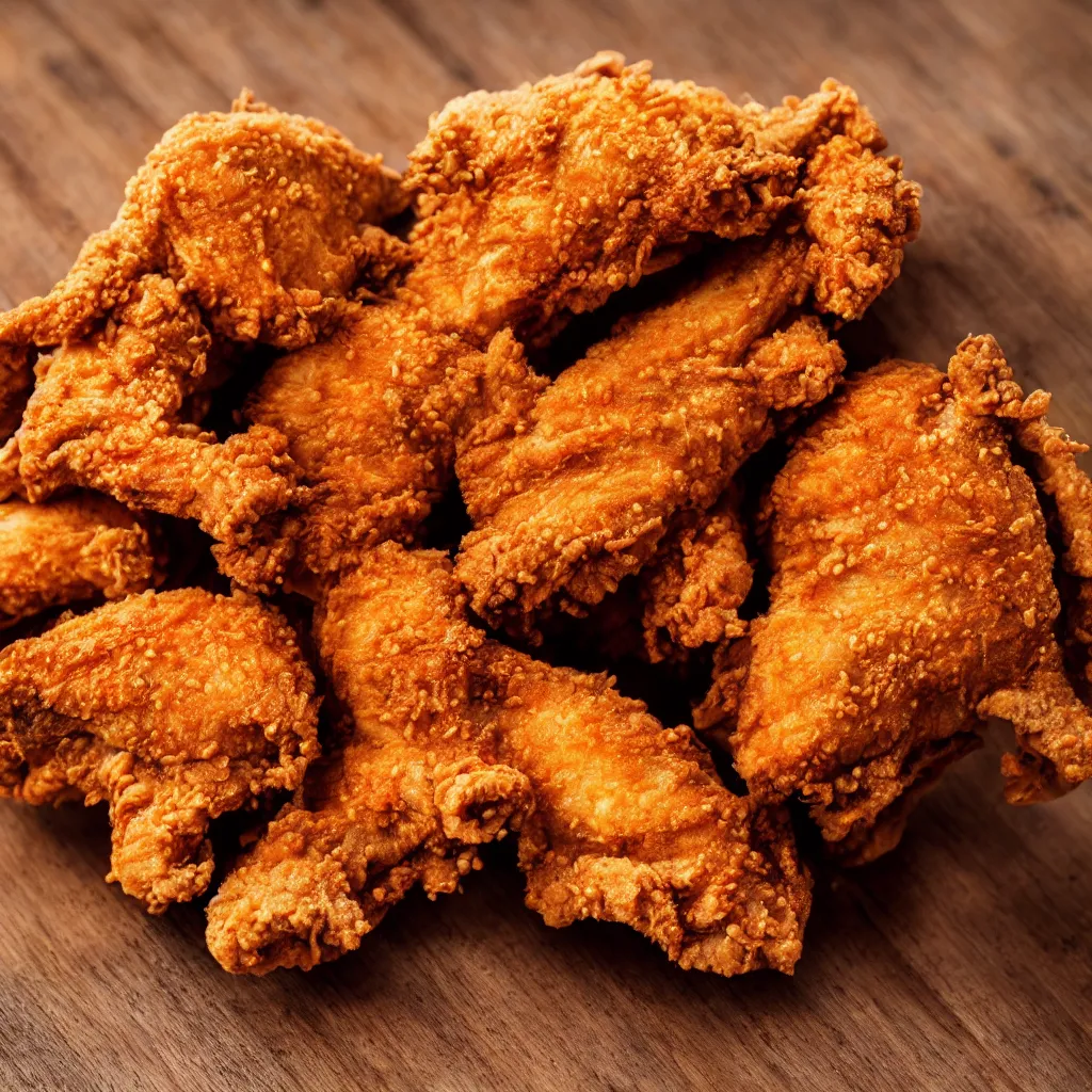 Image similar to close-up view of fried chicken on top of a wooden table, 8k, high detail, photorealistic, proper shading