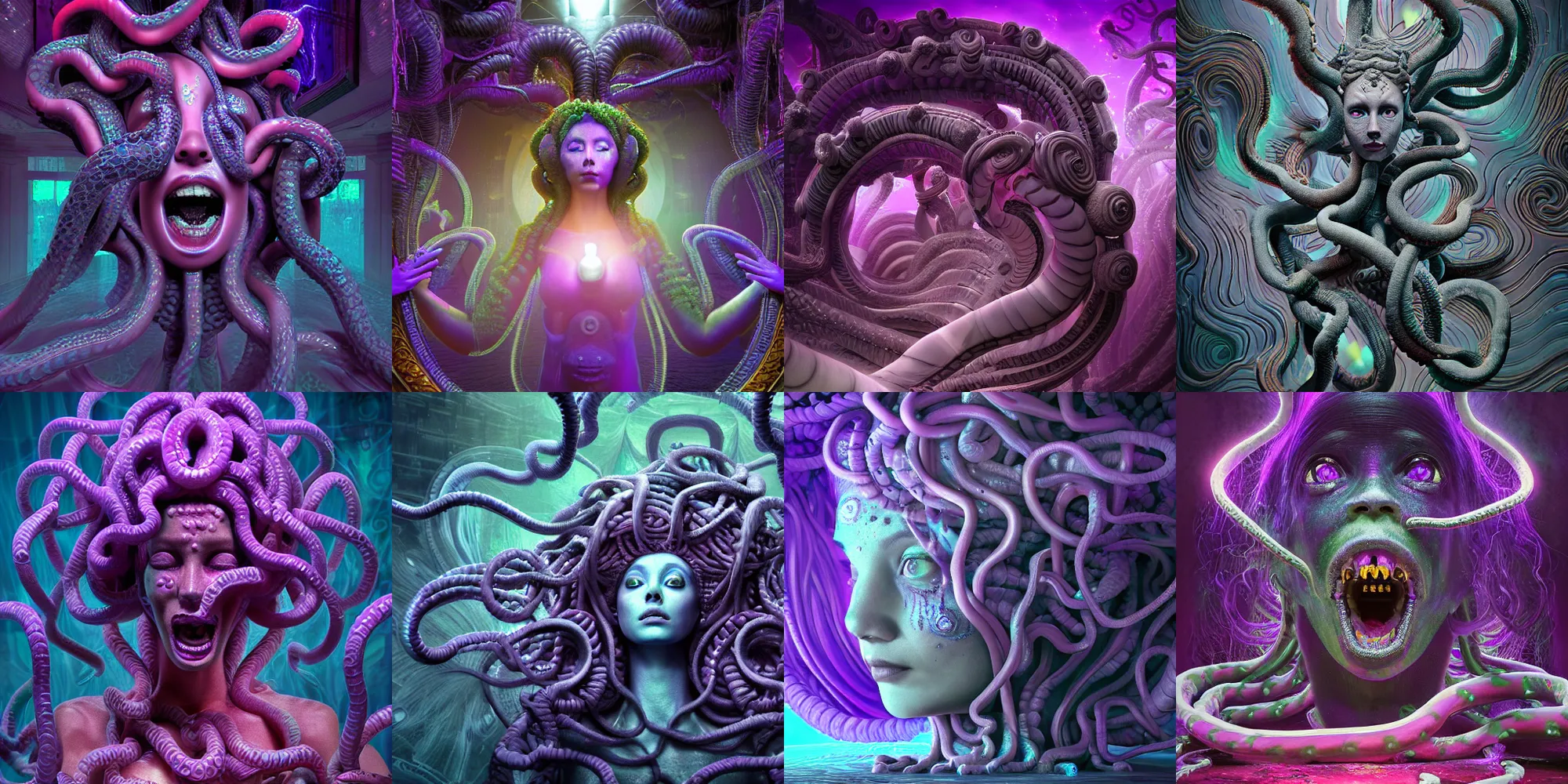 Prompt: beautiful medusa gorgon, cosmic horror, abstract, ghostly, arcade, duotone, poltergeist, epic lighting, intricate, elegant, highly detailed, smooth, sharp focus, photo real, ultra realistic, unreal engine 5, raytracing, in the style of beeple and mike winkelmann, ultraviolet colors,