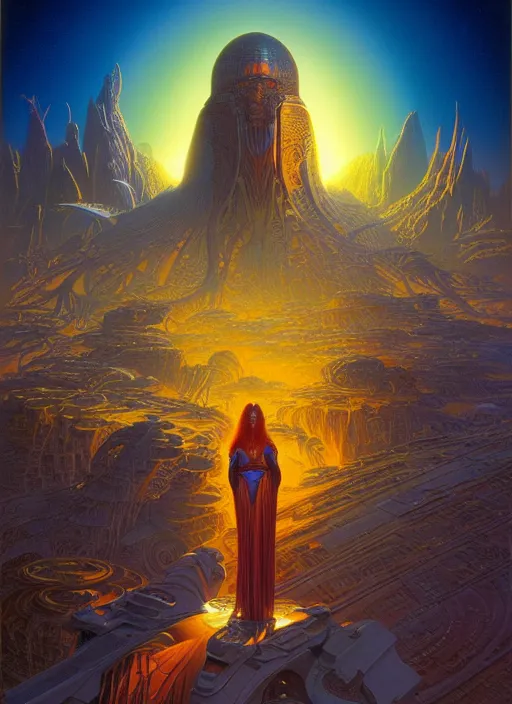 Prompt: futuristic, tim hildebrandt, intricate, elegant, sharp focus, illustration, art by artgerm, bob eggleton, michael whelan, stephen hickman, richard corben, wayne barlowe beautiful psychedelic dmt lighting, hyper detailed, 8 k, oil on canvas 8 k