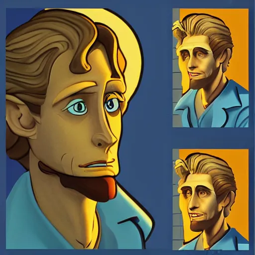 Image similar to Guybrush Threepwood from Monkey Island, golden hour, artstation, in the style of Art Deco and Edward Hopper and Bosch, extremely detailed