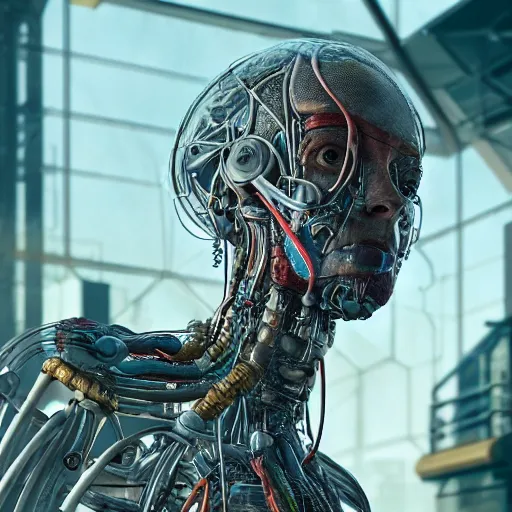 Image similar to biopunk cyborg awakening highly detailed anatomy in the style of beeple, award winning, cg society, unreal engine, photorealistic, hyperrealism, intricate