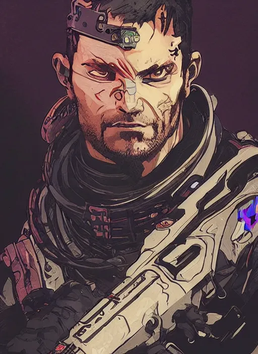 Prompt: cyberpunk ninja dude. portrait by ashley wood and alphonse mucha and laurie greasley and josan gonzalez and james gurney. splinter cell, apex legends, rb 6 s, hl 2, d & d, cyberpunk 2 0 7 7. realistic face. character clothing. vivid color. dystopian setting.