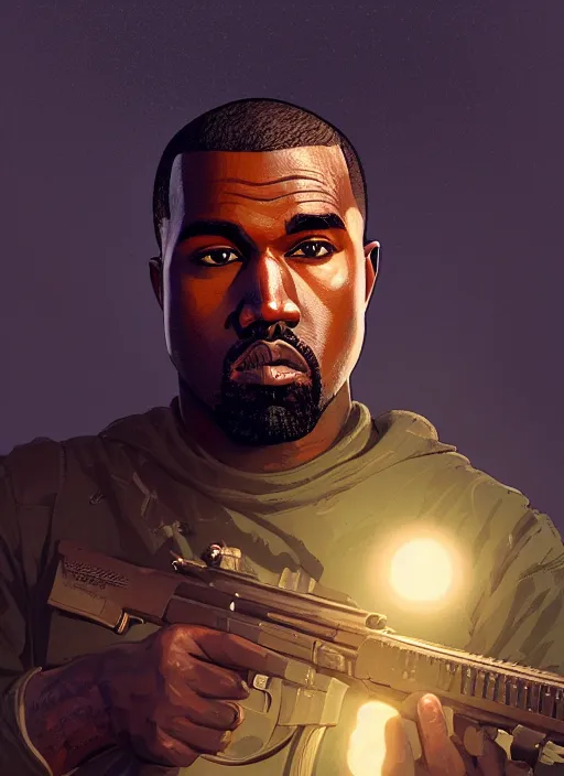 Prompt: highly detailed portrait kanye holding rifle in gta v stephen bliss unreal engine fantasy art by greg rutkowski loish rhads ferdinand knab makoto shinkai lois van baarle ilya kuvshinov rossdraws tom bagshaw global illumination radiant light detailed intricate environment