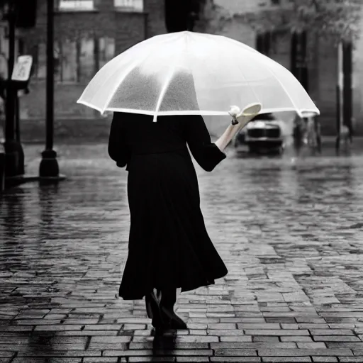 Prompt: morticia addams holding a parasol during a [ humid, rainy day ] as she saunters across the city, closeup!!!, photorealistic facial features, trending on artstation, 4 k photorealism, unsplash, shot by jimmy nelson