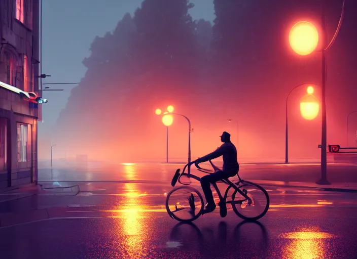 Image similar to uber eats delivery driver on a bicycle, mega details, greg rutkowski, orange lights, heavy rain, fog, beautiful rtx reflections, photorealistic, unreal engine 5, octane render, volumetric light, cg society, 4 k, bokeh, artstation