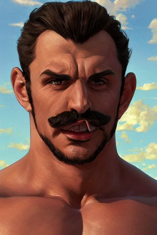 Prompt: luigi as bodybuilder gigachad at the beach by ilya kuvshinov, ernest khalimov body, super mario bros symmetrical face concept art, hyper realistic, intricate, elegent, highly detailed, digital painting, concept art, smooth, sharp, focus, illustration, art by artgerm and greg rutkowski and alphonse mucha, artstation