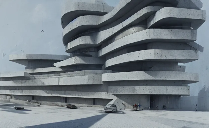 Image similar to a wide angle exterior shot of a white concerete brutalist architecture designed by zaha hadid and peter zumthor, darek zabrocki, greg ruthkowski, cinematic and blue cold atmospheric, concept art, artstation, trending on artstation