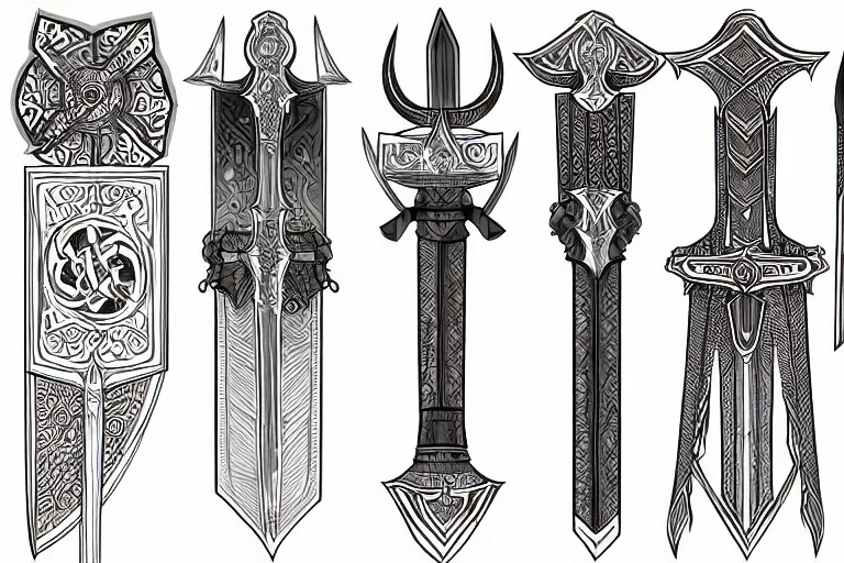 Image similar to design sheet of various magic swords, intricate linework, swords, blades, weapon designs, clean lines