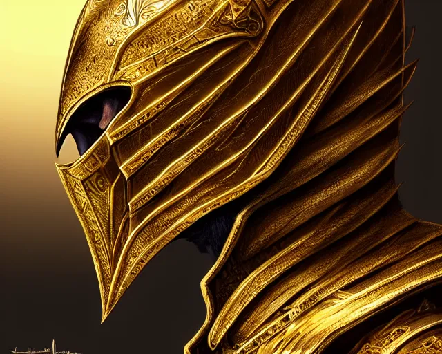 Prompt: hyper - realistic side view painting of the king of the desert, angry, gold armor, sword, dramatic lighting, intricate, wild, highly detailed, digital painting, artstation, concept art, smooth, sharp focus, illustration