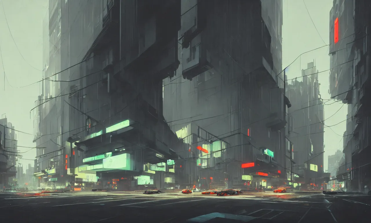 Image similar to streetscape, simple brutalist architecture, white neon lights, neon signs, flying vehicles, pedestrians, greg rutkowski, syd mead, ralph mcquarrie, concept art, matte painting, finely detailed, minimal artifacts, rule of thirds, dynamic lighting, cinematic, denoised, centered, artstation