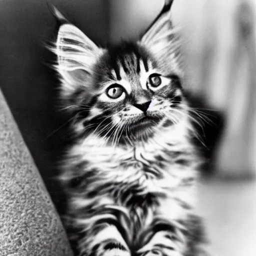 Image similar to close up of a maine coon kitten smoking a sigar, ww 2, black & white