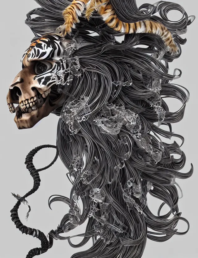 Image similar to 3 d goddess tiger skull half - turn portrait with long hair with ram skull. beautiful intricately detailed japanese crow kitsune mask and clasical japanese kimono. betta fish, jellyfish phoenix, bio luminescent, plasma, ice, water, wind, creature, artwork by tooth wu and wlop and beeple and greg rutkowski