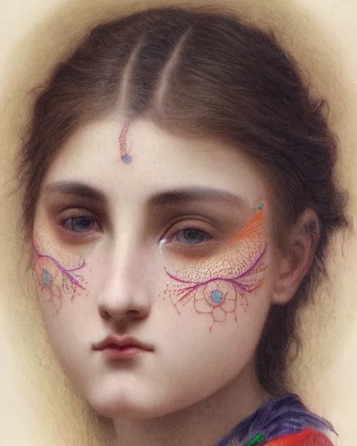 Prompt: close up of a beautiful girl with colourful intricate tattoos, by william - adolphe bouguereau, artistic, intricate drawing, realistic fantasy, extremely detailed and beautiful aesthetic face, 8 k resolution, dramatic lighting