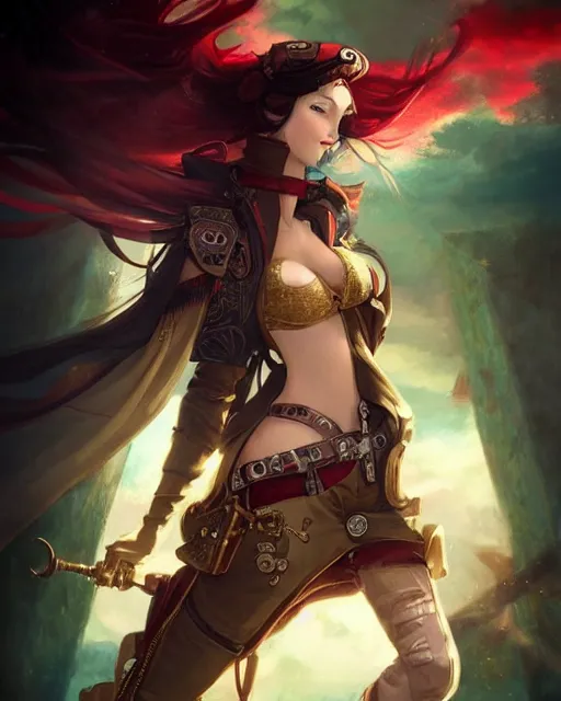 Image similar to a beautiful half body 2D illustration of a young female steampunk pirate wearing leather armor on gold and red trimmings on green, by Charlie Bowater, tom bagshaw, Artgerm and Lois Van Baarle, very cool pose, pirate ship with an epic sky background, slightly smiling, cinematic anime lighting and composition, fantasy painting, very detailed, ornate, trending on artstation and pinterest, deviantart, google images