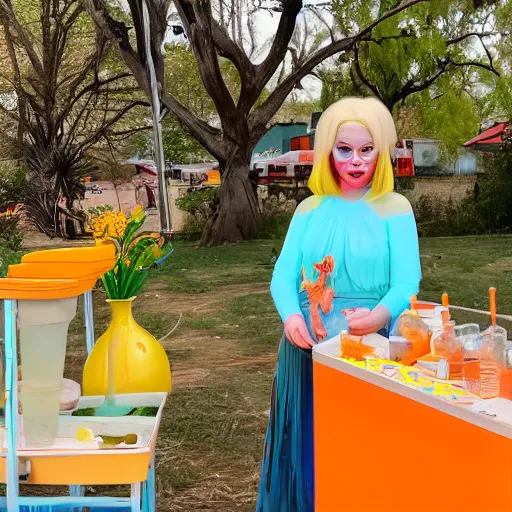 Prompt: cinematic photo of a beautiful albino frog woman lit with split colour turquoise and orange lighting buying lemonade from a childrens lemonade stand in suburbia