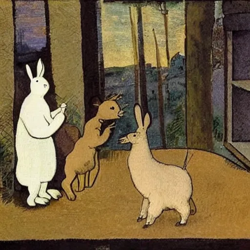Prompt: a rabbit is cooking dinner for an alpaca in the style of emile bernard