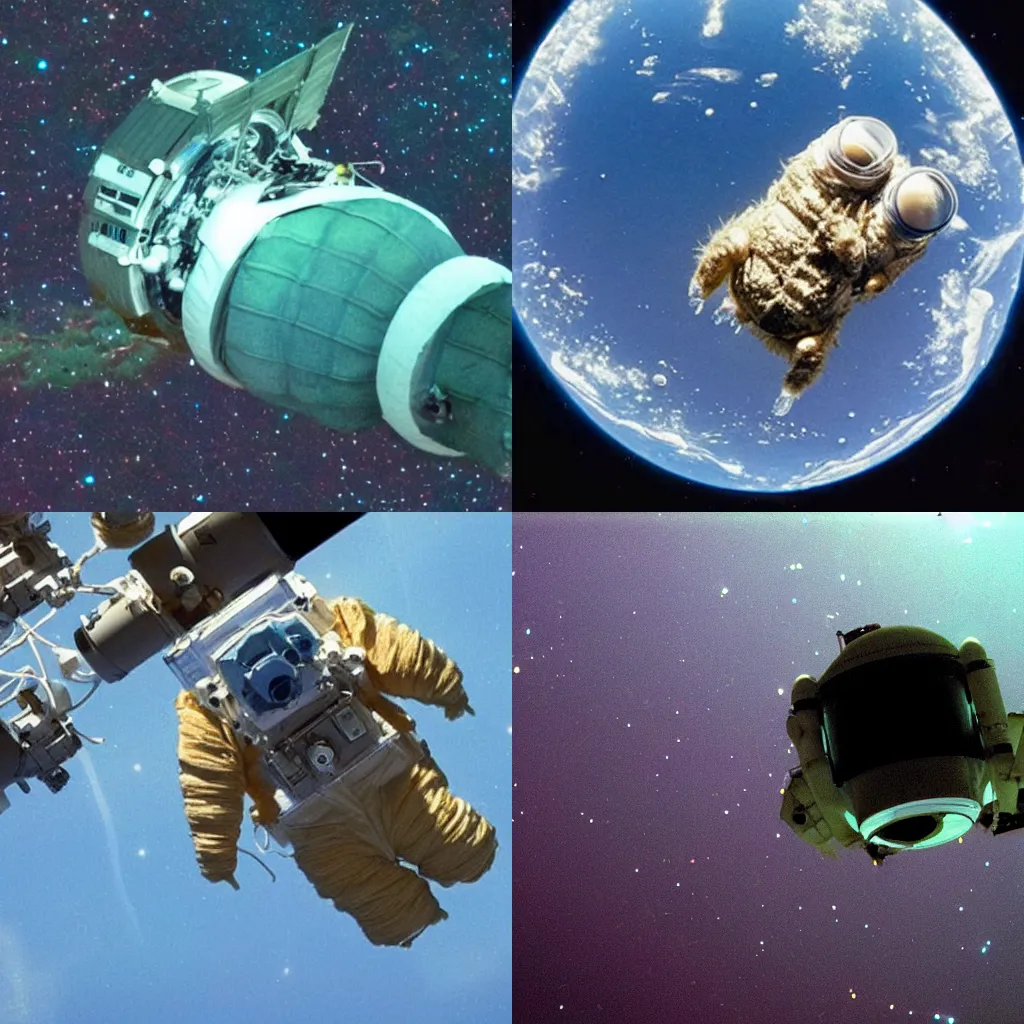 Prompt: camera footage of a tardigrade floating in space. The international space station in the background