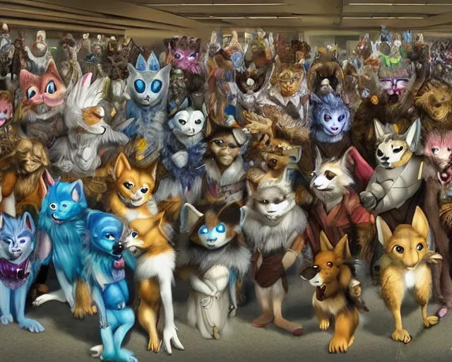 Image similar to high - resolution photograph from a nanopunk era furry fandom convention ( midwest furfest 2 0 4 7 ), taking place after the genetic revolution and singularity. photorealistic.