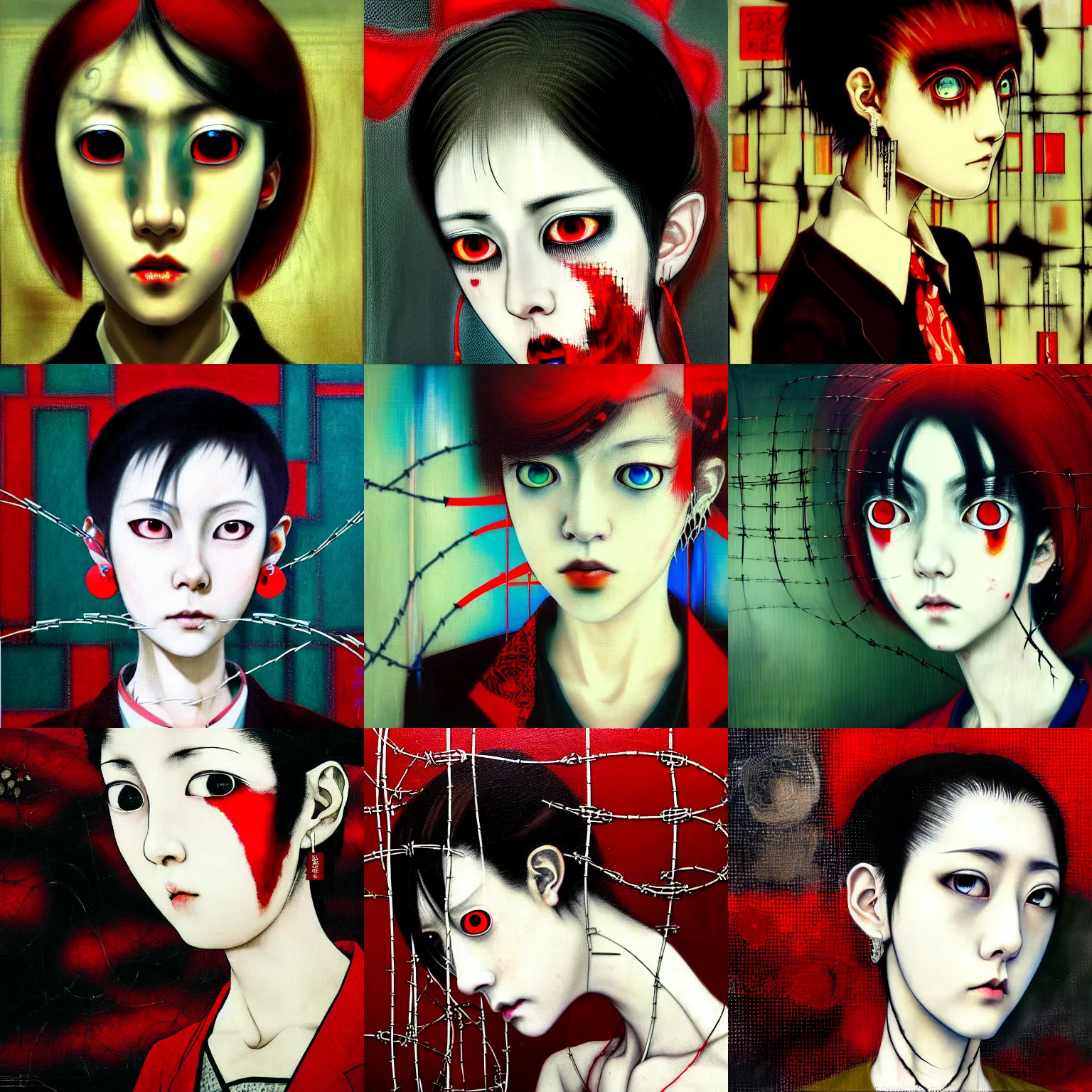 Image similar to yoshitaka amano blurred and dreamy realistic three quarter angle portrait of a sinister young woman with short hair, big earrings, barbed wire and red eyes wearing office suit with tie, junji ito abstract patterns in the background, satoshi kon anime, noisy film grain effect, highly detailed, renaissance oil painting, weird portrait angle, blurred lost edges