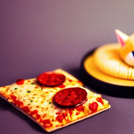 Image similar to a macro photo of cute fluffy caracal toy and a slice of pizza, cheese and pepperoni, hyper realistic, hyper detailed, 35mm, very grainy film, volumetric studio lighting, bokeh, black background award winning shot, vogue magazine, cinematic, 8k, very closeup, elegant, tender, pastel