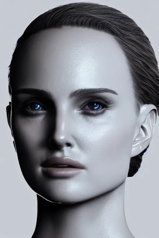 Image similar to close up headshot of Natalie Portman as a female android, intricately detailed mechanical parts, complicated circuits and wires, beautiful gazing symmetric blues eyes, unreal engine, path tracing, 8k, artstation, 3/4 profile