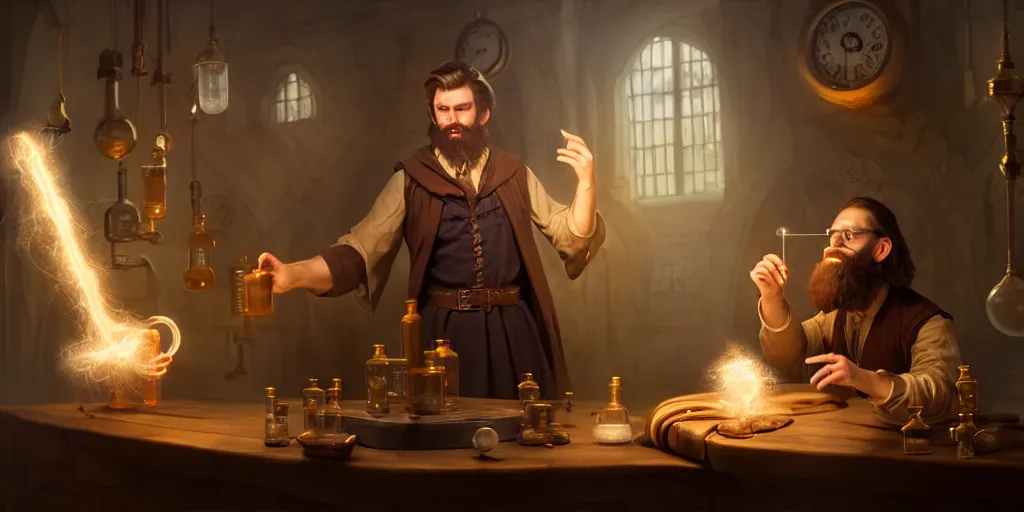 Prompt: a handsome bearded caucasian male sorcerer with brown hair he is casting a spell with flowing energy, he is in a alchemist lab filled with beakers and equipment, neutral pose, epic composition, 4 k, light rays, by dave melvin 3. 0 | dan luvisi 1. 0 | greg rutkowski 2. 5