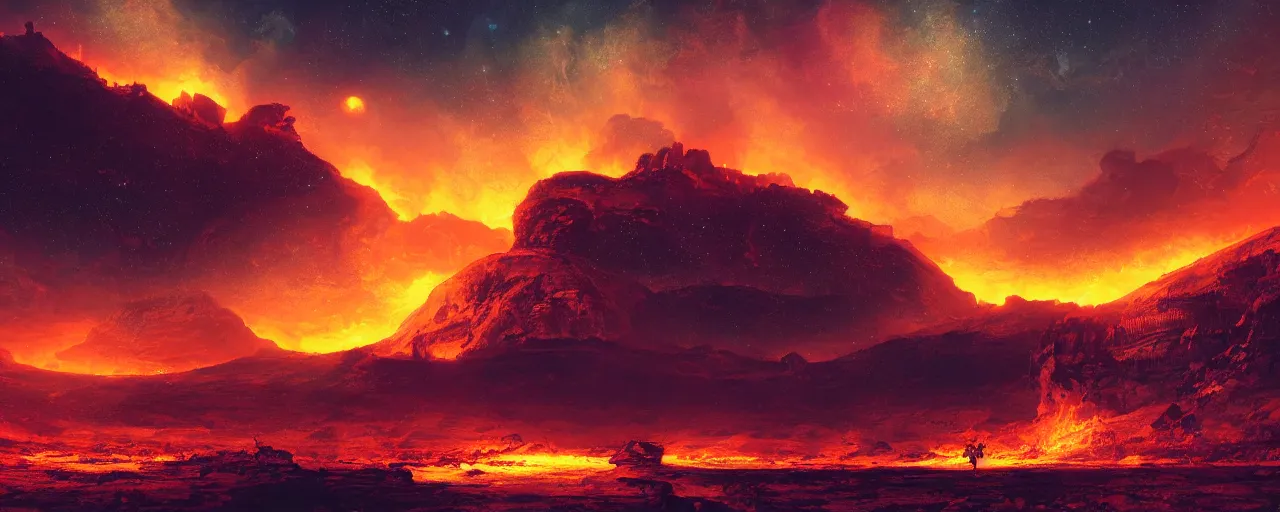 Image similar to ” barren fiery landscape at night, [ cosmic, cinematic, detailed, epic, widescreen, opening, establishing, mattepainting, photorealistic, realistic textures, octane render, art by slop and paul lehr ] ”