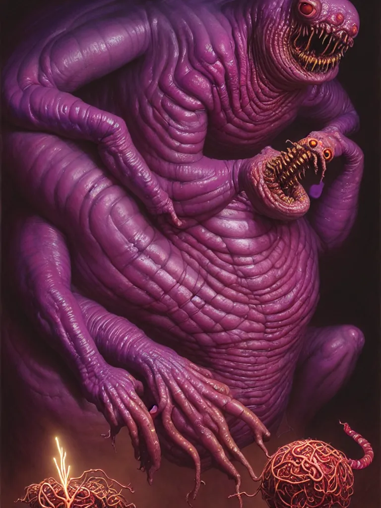 Image similar to hyperrealistic rendering, fat smooth cronenberg flesh monster d & d purple worm by donato giancola and greg rutkowski and wayne barlow and zdzisław beksinski, eyeballs, lightning, magic runes, product photography, action figure, sofubi, studio lighting, colored gels, colored background